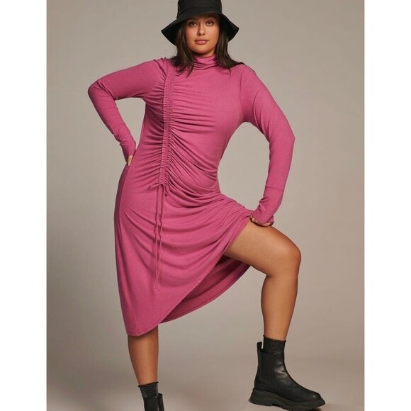 Anthropologie Mock Neck Long-Sleeved Ruched Pink Maxi Dress 3X - Picture 2 of 8
